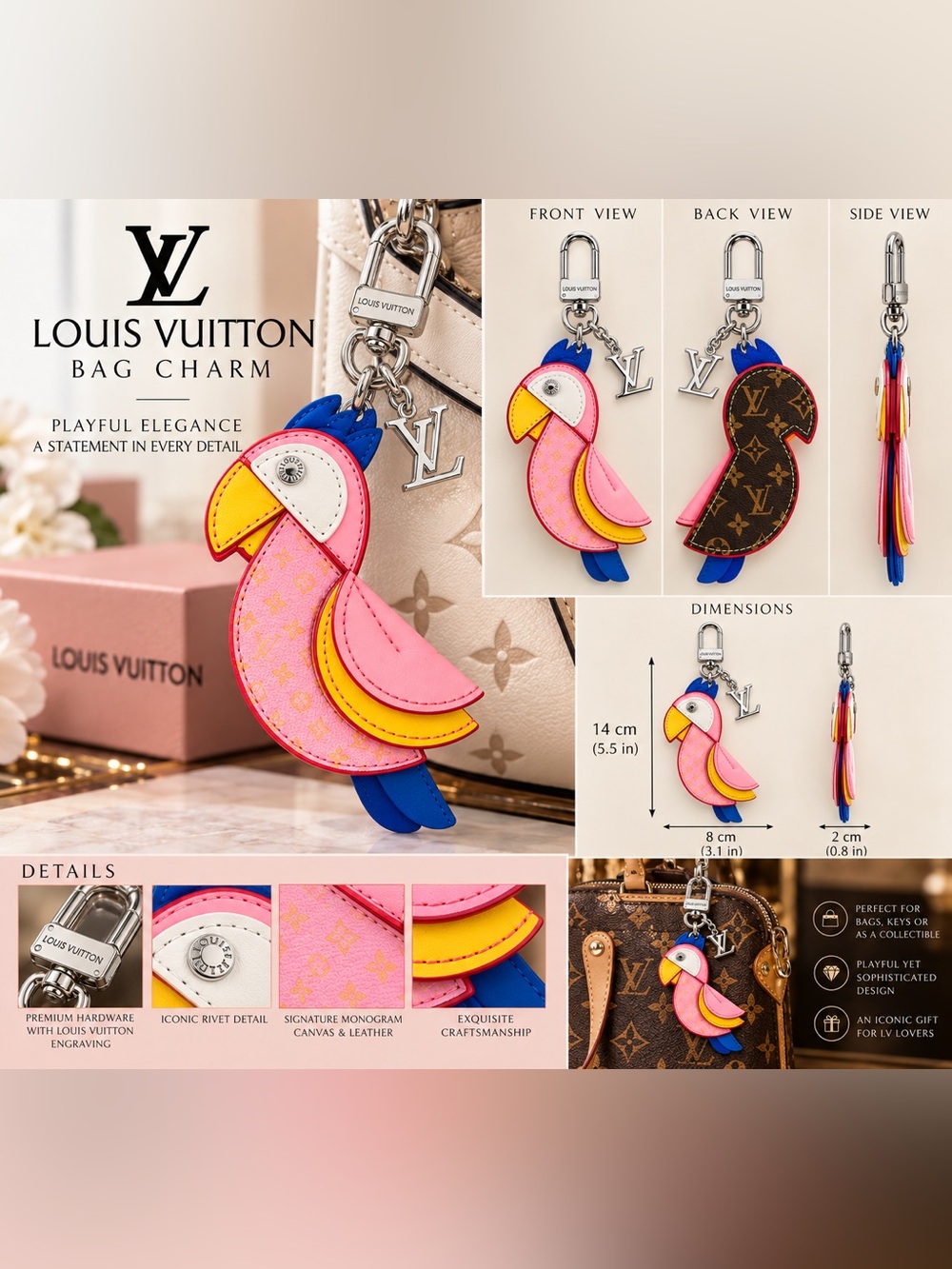 Parrot Keychain Bag Charm - Pink, Yellow & Blue